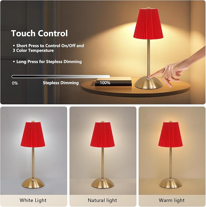 Cordless LED Red Table Lamp , Portables Lamps, Rechargeable Battery Valentine's Table Lamps, Pinkred Table Lamps for Dining Room, Bedroom, Bedside, Night Light, Balcony , Outdoor,Coffee,Bar (Red)