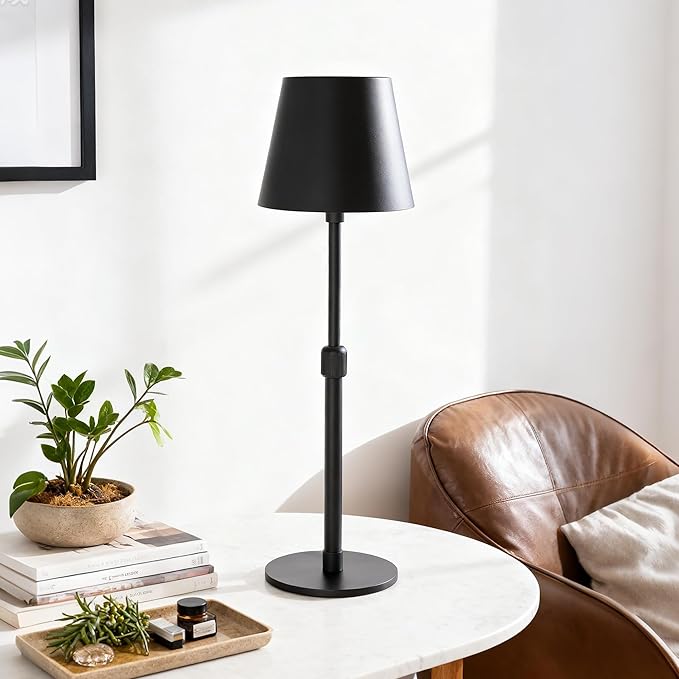Mr.White Outdoor Waterproof Rechargeable Cordless Table Lamp with Telescopic Pole & Wicker Shade, 5200mAh Battery Operated Table Light with Touch Control, for Patio Restaurant Kitchen (Black)