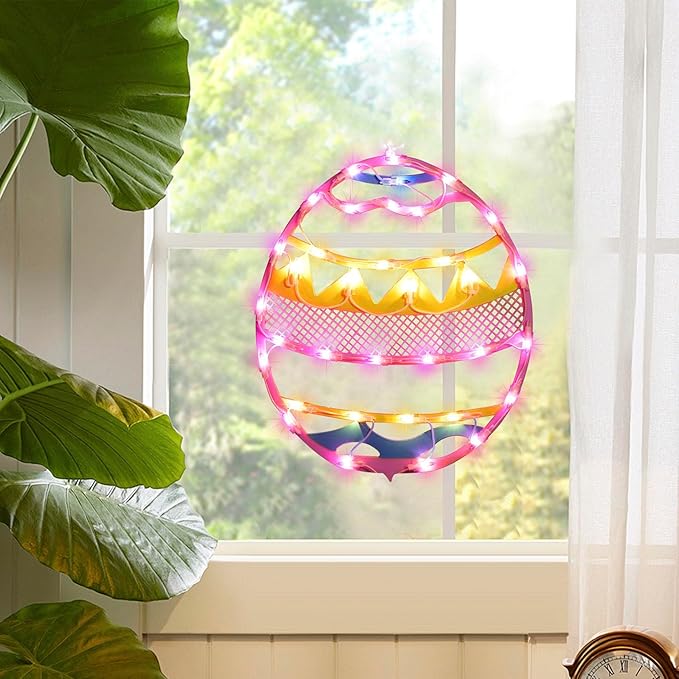 LAMPHOME 17" Lighted Pink with Yellow Chevron Stripe Easter Egg Window Silhouette