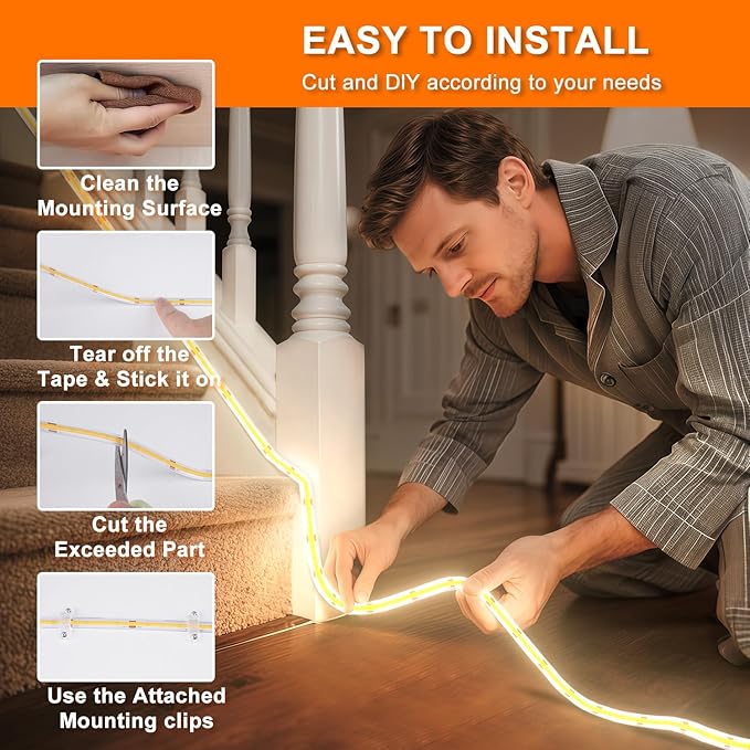 OMIKA 33FT COB Plug in LED Light Strip Outdoor Waterproof, 4000K Natural White 3200 LED Rope Light PVC Casing Tape Light Flexible with Self-Adhesive Timer Dimmable for House Garden Camping DIY