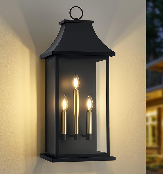 tewei 28'' Large Outdoor Wall Light, Porch Light Outdoor Wall Sconce Lantern, 3-Light Black Exterior Lighting Fixture Wall Mount E12 Gold Base, Outside Light for House Backyard Garage, 1-Pack