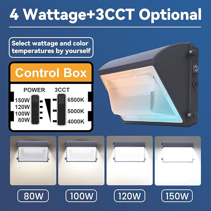 150W LED Wall Pack Light with Photocell 6Pack, 4000/5000/6500K 3CCT, 80/100/120/150W Selectable, Commercial and Industrial Outdoor LED Wall Lights for Parking Lot Warehouses, 100-277V, ETL Listed