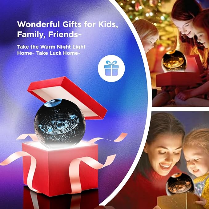 3D Solar System Crystal Ball Night Light,3.15in k9 Crystal Ball Lamp with 16 Colors Change,Wooden Base and Remote Control Decor Gifts for Kids (Solar System)