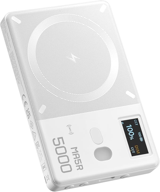 Godox RGB LED Light & Magnetic Wireless Power Bank (White), Pocket Panel 1800–10000K, CRI 95/TLCI 97, Bluetooth NFC App Control, 14 FX, Selfie Light for Vlogging (MA5RWHT)
