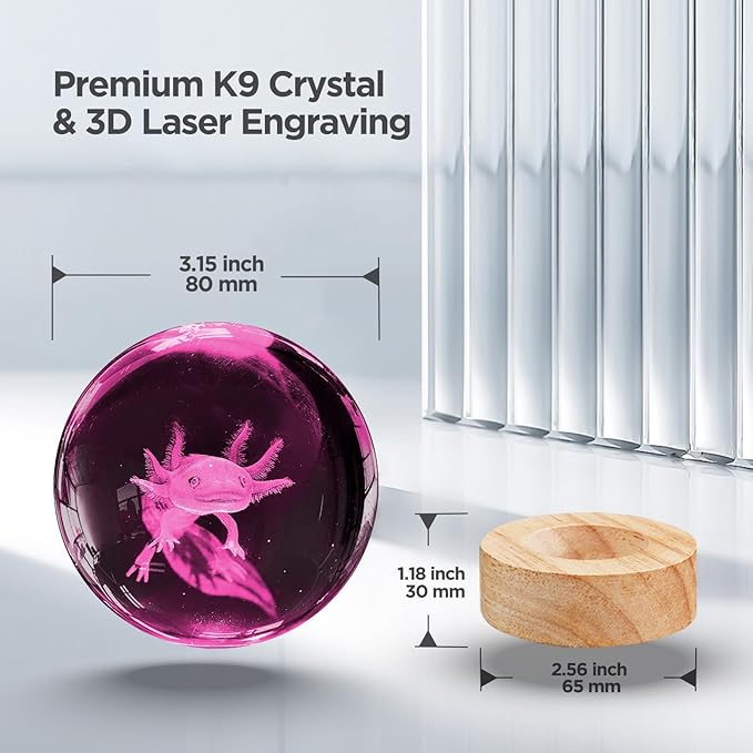 3D Axolotl Crystal Ball Night Light with LED Wooden Base Upgraded 3.15 Inch Glass Ball Lamps with 16 Color and Remote for Birthday Christmas, Cool Axolotl Toy Decor Gifts for Boys Girls Kids