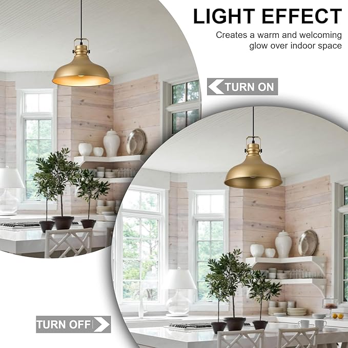 Gold Farmhouse Pendant Lights Matte Pendant Lighting for Kitchen Island Industrial Adjustable Height Vintage Dome Hanging Light Fixtures for Barn, Dining Room 3 Packs