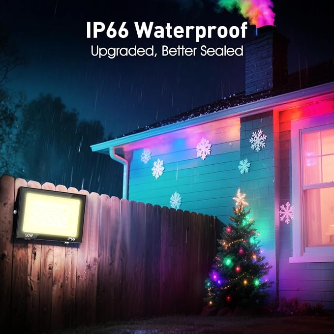 Halloween LED Flood Light Outdoor, 50W Color Changing RGB Flood Light, IP66 Waterproof Outdoor Landscape Lights Stage Lights, Christmas 5000LM Uplighting for Party, 2Pack