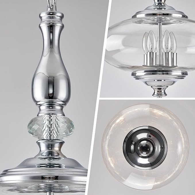 5 Light Chrome Chandelier Modern Glass Large Pendant Light H 27.5" x W 15.7" for Kitchen Island, Dining Room, Stairwells, Hallway. E12 Bulb