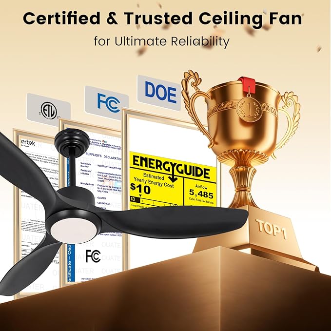 Modern Ceiling Fan with Light, 52 inch, 3 Color Temperature, 6 Speed, DC Motor, for Bedroom/Outdoor/Patios, Black