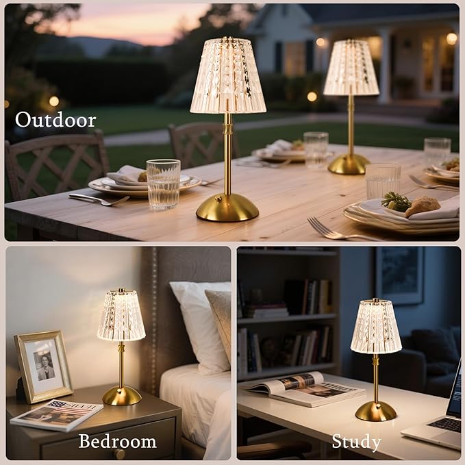 2 Pack Touch Cordless Table Lamp Rechargeable, 3600mAh Battery Operated Small Crystal Lamp, 3 Color Dimmable Vintage Gold Table Light for Bedroom/Kitchen/Gift for Home Décor (Vintage)