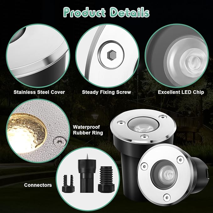 Retisee 6 Pcs 1W LED Well Lights Low Voltage Landscape Lighting with 16 Connectors, 12-24V Outdoor Inground Lights IP67 Waterproof Warm White for Sidewalk Paver Garden Step Lawn