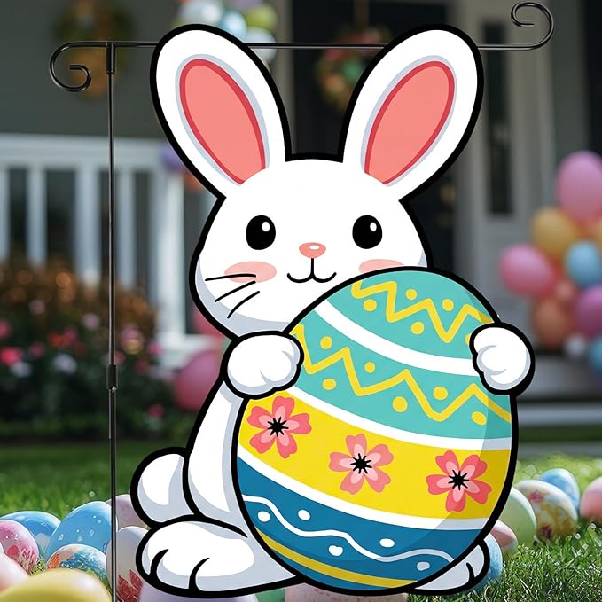 VIHOSE Easter Garden Flag for Outside, 12 x 18 Inch Solar Easter Garden Flag, 8 Modes LED Rabbit Yard Flags Lighted Egg Double Sided Outdoor Banner for Courtyard Lawn Decoration
