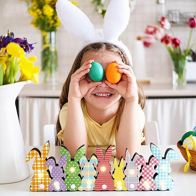 Yousoontic Easter Decorations, Bunny Easter Decor for Table with LED Lights Wood Bunny Table Centerpieces with Plush Tail 3D Block Rabbit Sign Farmhouse Decor for Spring Home Mantel Desk Office Party