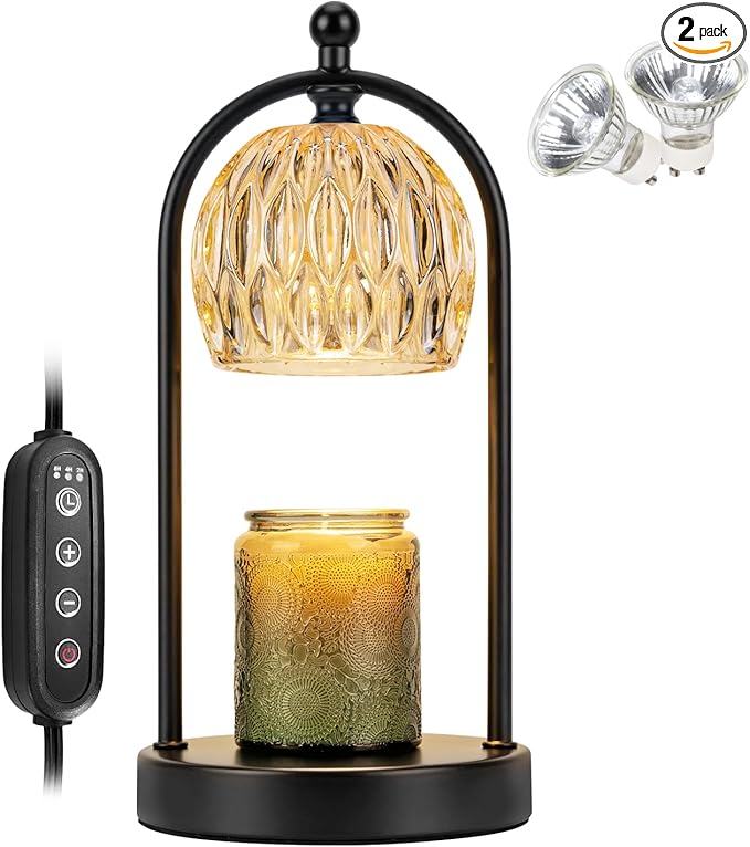 Soilsiu Candle Warmer Lamp With Timer, Electric Glass Light for Bedroom, Dimmable Wax Melts for Jars, Beside Lamp Gifts for Women Home Decor (2 Bulbs Included)