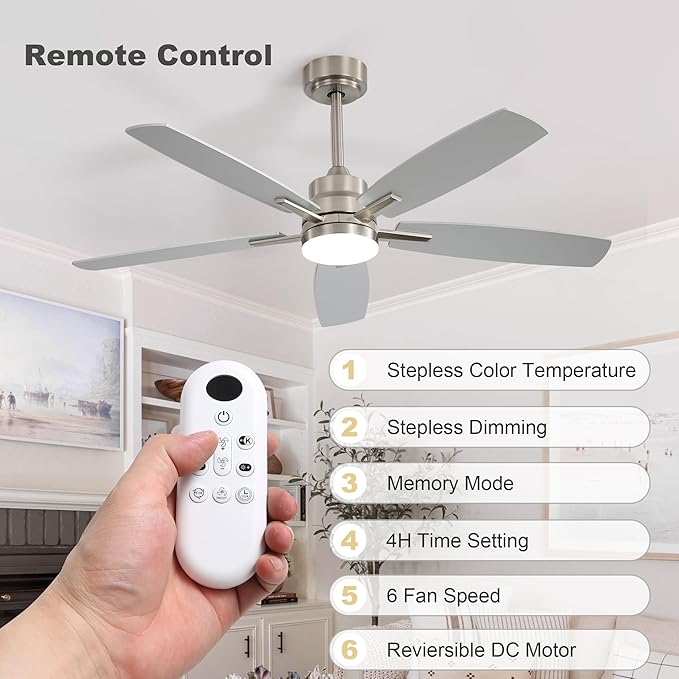 52" Remote Control Ceiling Fan with Light – 6-Speed Quiet DC Motor, Dimmable 3-Color LED, Flush Mount for Bedroom, Living Room, Dining Room,NICKEL