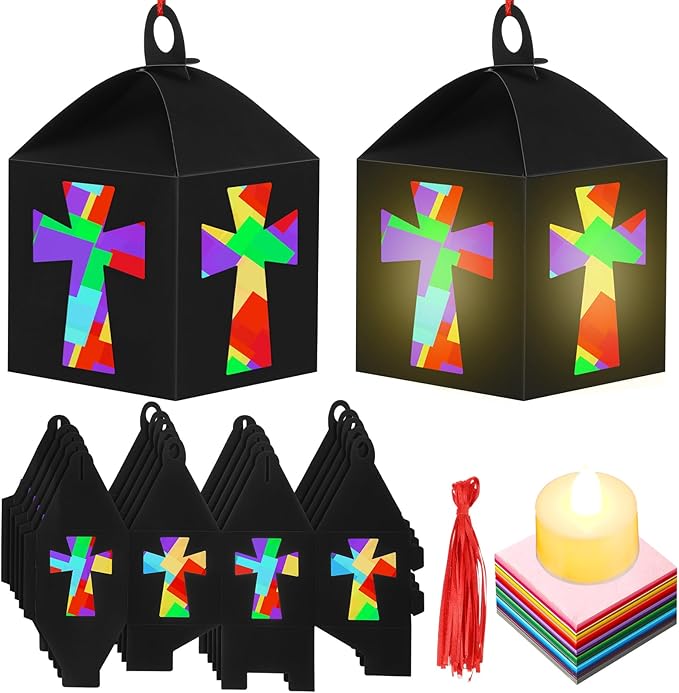 12 Sets Easter Crafts Religious Cross Crafts with LED Candle Light DIY Christian Cross Lantern Tissue Paper Kits Religious Hanging Ornament for Church Sunday School VBS Activities