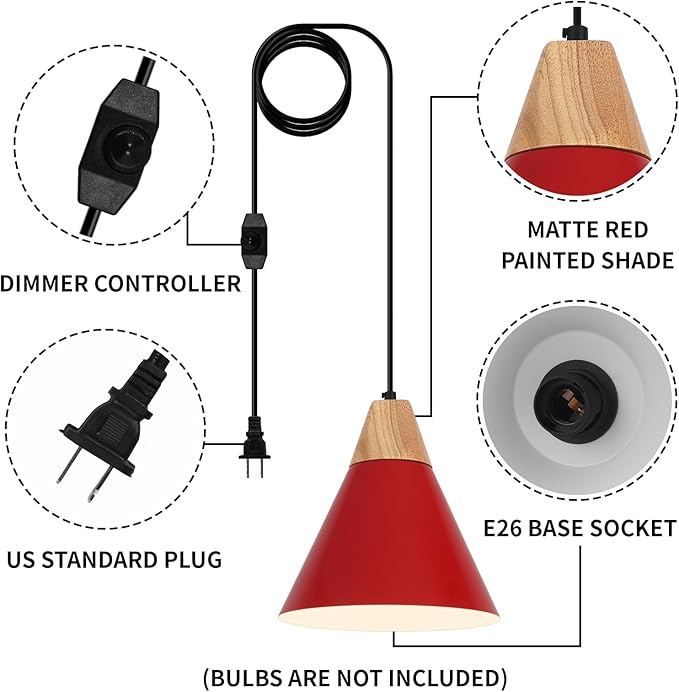 Red Plug in Pendant Light, 2 Pack 9.4inch Hanging Lights with Plug in Cord 14.7 ft, Hanging Pendant Light, Hanging Lamp Plug in for Bedroom Living Room Kitchen Island