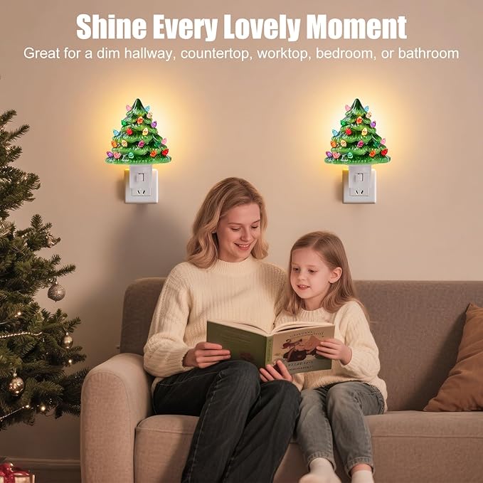 Brightown Ceramic Christmas Tree Night Light - 2 Pack 5.2" Christmas Decorative Ceramic Tree with ON/Off Switch, Vintage Christmas Night Light for Bedroom Bathroom Living Room Porch Holiday Decor