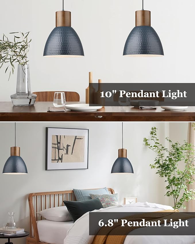 ELYONA 2 Pack Modern Hammered Pendant Lights 10.2” Blue Solid Wood Hanging Lamp, Adjustable Height, Industrial Metal Pendant Lighting for for Farmhouse, Kitchen Island, Dining Room,Bedroom,Bar,Office