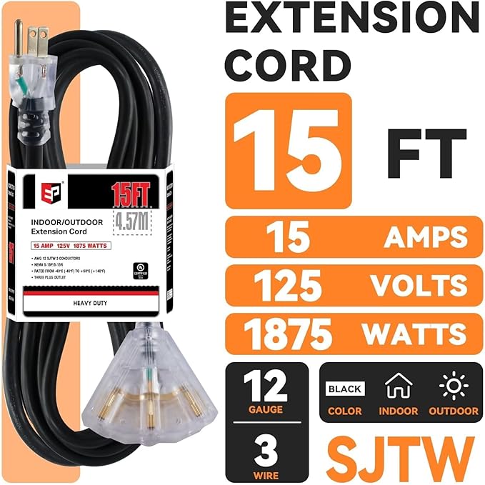 EP 15 Ft 12 Gauge Heavy Duty Extension Cord, 15A 125V 1875W, 3 Outlet Indoor/Outdoor Power Cord with Lighted End, 12/3 SJTW Weatherproof Black