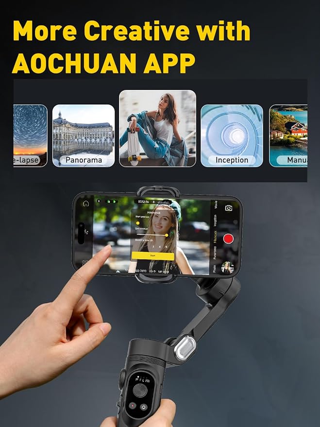 AOCHUAN 3-Axis Gimbal Stabilizer for iPhone 15/14/13 Pro Max Android,Foldable Smartphone Gimbal w/Built-in Fill Light,1/4 Thread,Professional Anti-Shake Video Record for TikTok YouTube(Smart X Black)