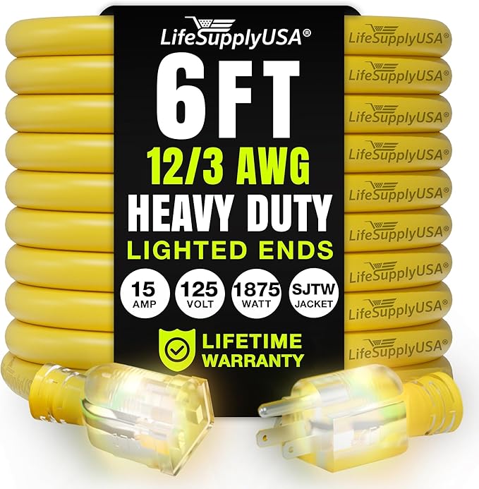 6ft Outdoor/Indoor Extension Cord 12/3 Gauge Extra Heavy Duty 3 Prong SJTW, Waterproof, Flexible Cold-Resistant Long Power Cord,15A 125V 1875W, Yellow by LifeSupplyUSA