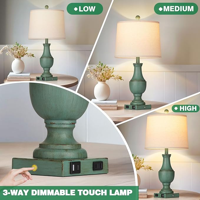 Farmhouse Table Lamps for Living Room, Rustic Touch Control Bedside Lamps with USB A+C Charging Ports & AC Outlet, Vintage 3-Way Dimmable Traditional Classic Nightstand Lamp for Bedroom Office Green