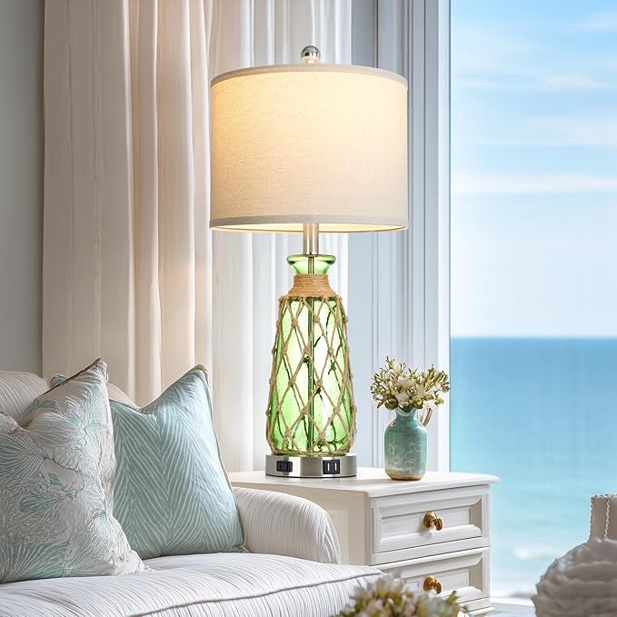 25.5" Green Glass Table Lamps Set of 2, 3-Way Dimmable Touch Control Bedside Lamps with 2 USB Ports and AC Outlet, Coastal Nightstand Lamp for Bedroom Living Room (LED Bulbs Included)