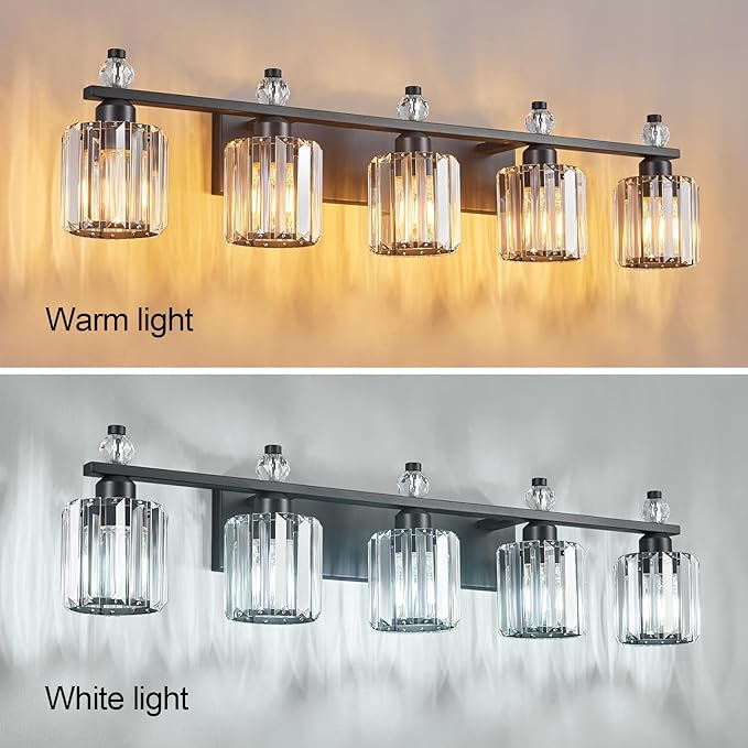 Bathroom Vanity Lights 5-Light Sand Black Modern Crystal Vanity Light Fixtures Over Mirror Crystal Bathroom Vanity Lighting Fixtures