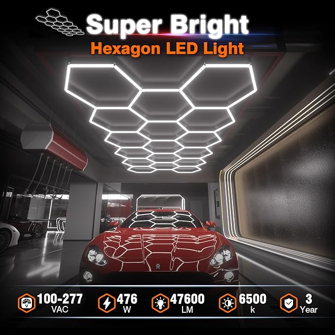 Hexagon Garage Lights : 3 Level Dimmable 476W Tube 17 Grids Hexagon LED Lights - Easy Install 6500K Super Bright Hex Lights for Warehouse, Car Detailing Shop, Exhibition Hall, Gym