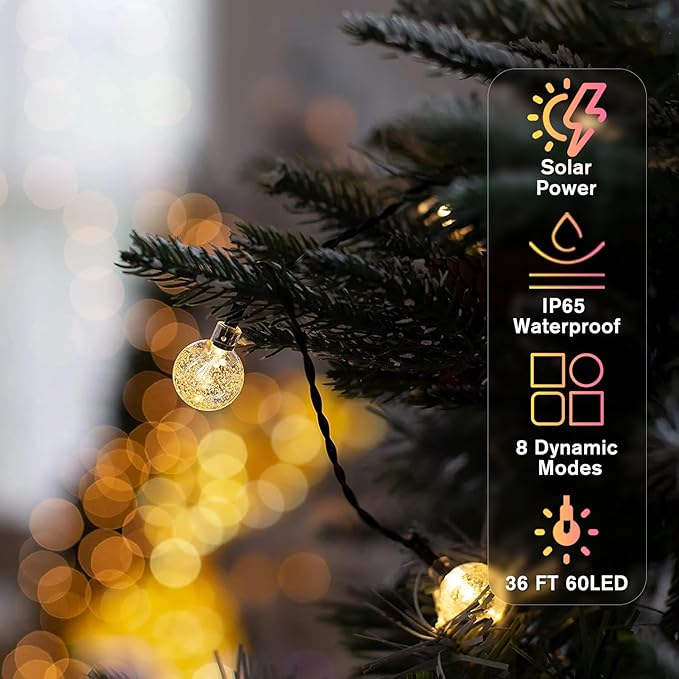Metaku Solar String Lights for Outside, 36FT 60 LED Crystal Globe String Lights, Solar Powered Outdoor Lights with 8 Lighting Modes, Patio Hanging Lights for Garden, Camping and Party Décor Warm White