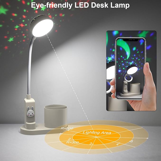 Cute Desk Lamp with Star Projector, Pink Desk Light 3 Brightness Levels Dimmable, Battery Operated, Foldable Portable Rechargeable LED Reading Lamp for Home Dorm Office Essentials Decor