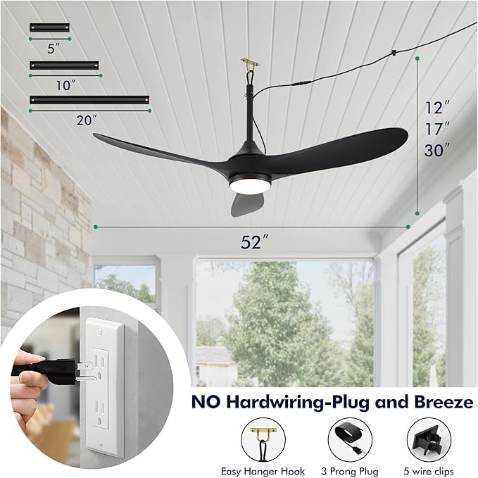 52 inch Outdoor Ceiling Fan with Light Waterproof - Plug in Hanging Hook for Patio, Porch, Gazebo - Wet Rated Weatherproof Exterior Black 3 Blades Ceiling Fan with Remote