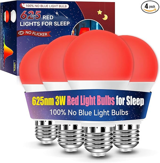 Neporal 3W 625nm Red Light Bulbs for Sleep, 100% Blue Light Blocking Bulb, Red Light Night Light for Melatonin Promoting, A19 40W Equivalent Dim Light Bulbs for Bedroom, Baby Nursery,4 Pack