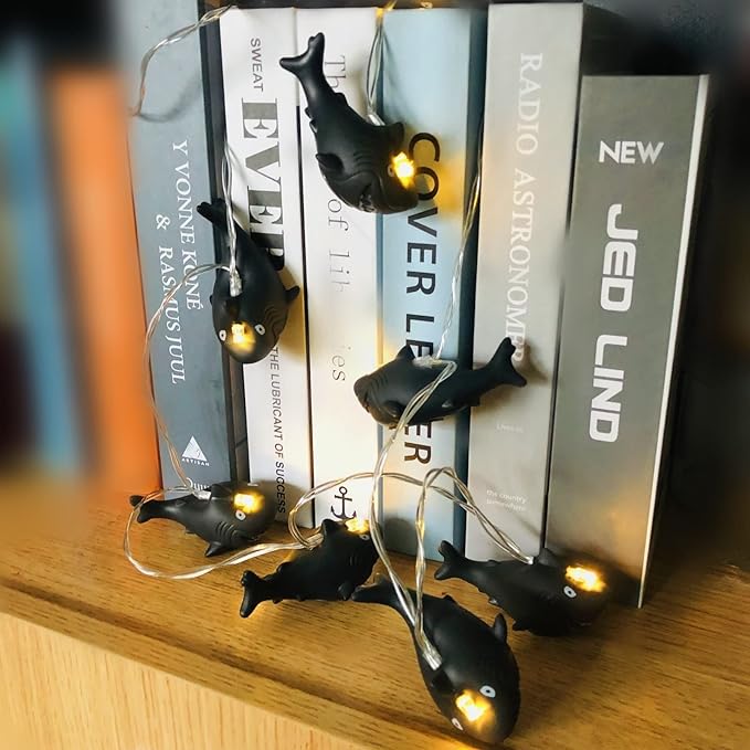 5.4 FT Black Shark String Lights, 10 LED Warm White Black Theme Halloween Night Light, Battery Operated for Home Party Decoration