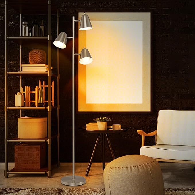 Tangkula 3-Light Floor Lamp, 64" Mid Century Modern 3 Light Tree, Standing Tall Pole Lamp with 3 A19 LED Bulbs and Adjustable Heads, 3 E26 Base, Reading Light for Living Room & Bedroom (Silver)