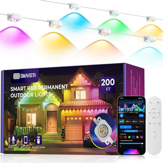 Smart Permanent Outdoor Lights Pro, 200ft 120LED RGB+IC Warm/Cool White for Daily, 100+ Scene Modes, Waterproof Eaves Light for Halloween Christmas Decor, Works with Alexa, Google Assistant