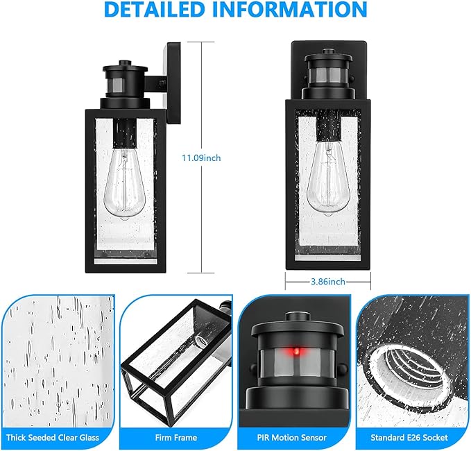 2-Pack Motion Sensor Outdoor Wall Lights, Upgraded Dusk to Dawn Exterior Wall Sconces Lanterns with Seeded Glass, Porch Light Fixtures Outside Lights for House Front Door Entryway Garage, Black