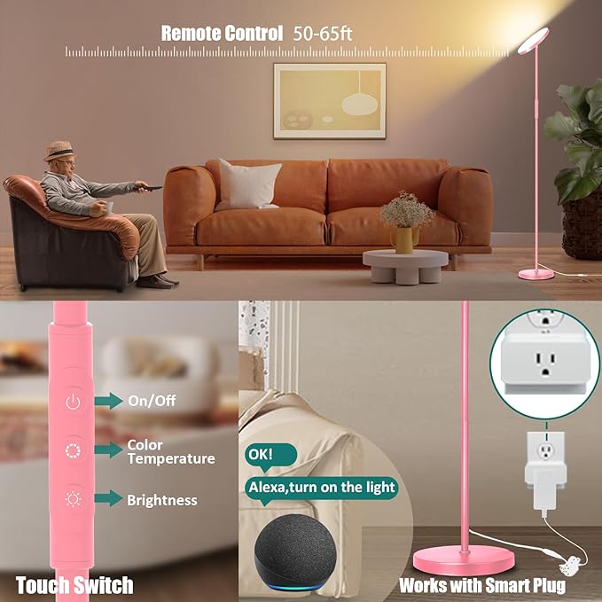 Floor Lamp, Upgraded 40W 4000LM Super Bright Torchiere LED Floor Lamps for Living Room, Stepless Dimmable Color Temperature 2700K-6500K with Remote & Touch Control, Standing Light (40W Pink)