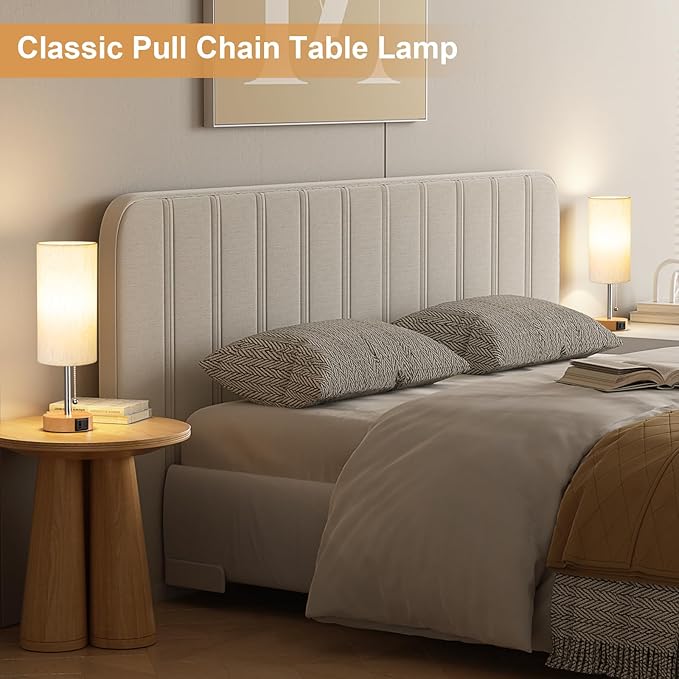 Small Table Lamp for Bedroom Nightstand - Bedside Lamp with USB A + C Charging Port, 3 Color Temperatures Pull Chain Night Stand Light, Wood Base Desk Reading Lamp for Class Room/Nursey