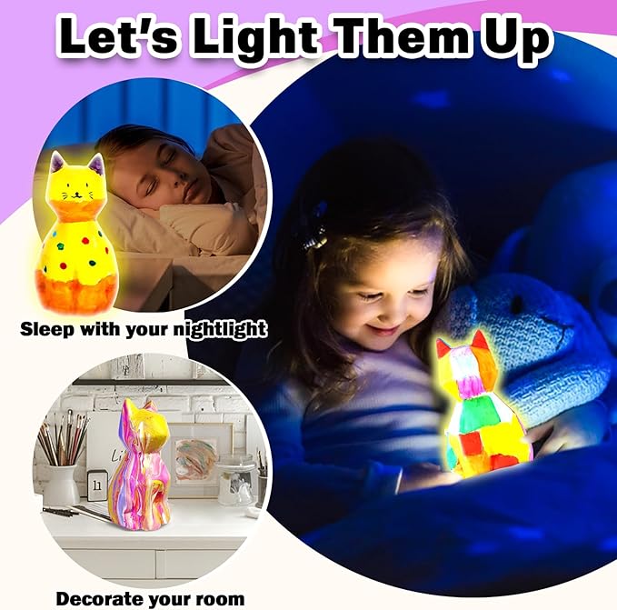 FUNZBO Paint Your Own Cat Lamp Kit - Easter Basket Stuffers, Arts and Crafts Supplies Kitten Painting for Kids Teens, DIY Night Light Toy for Girls Boys Age 3 4 5 6 7 8 9 10 11 12 13 Birthday Gifts
