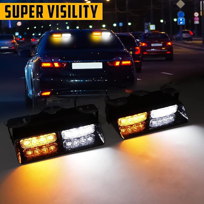 White Amber 2 In 1 LED Emergency Dash Strobe Lights, 16 Flashing Modes 12V Interior Shield Traffic Advisor Safety Hazard Warning Lights with Suction Cups for Vehicles Trucks (Yellow＆White)