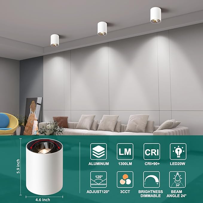 OKELI White Modern LED Dimmable Ceiling Light Fixtures for Hallway Kitchen Entryway, 20W 1300LM 2700K-6000K Flush Mount Close to Ceiling Lighting, Cylinder Ceiling Lamps for Living Room 3pack