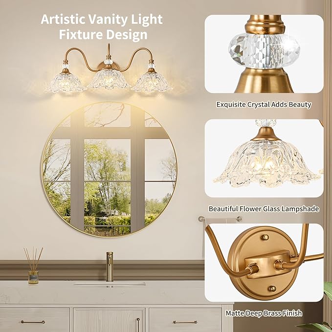 Vintage Bathroom Vanity Light, 3-Light Matte Deep Brass Finish Vanity Light with Flower-Shaped Clear Glass Shades, Retro Wall Sconce for Bathroom