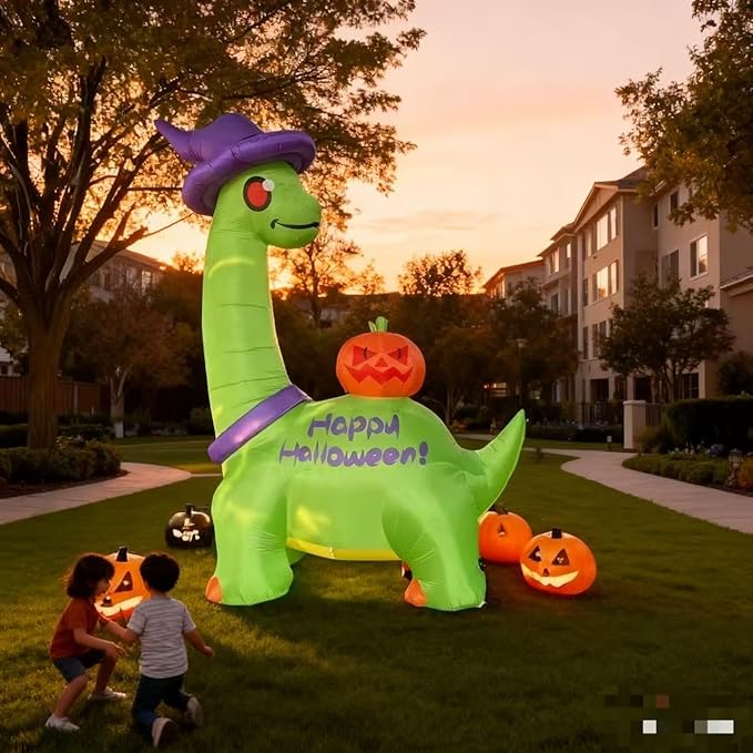 14 FT Halloween Inflatable Dinosaur Decor with Witch Hat & Pumpkin, Giant Lighted Yard Decoration for Outdoor Lawn Garden Party