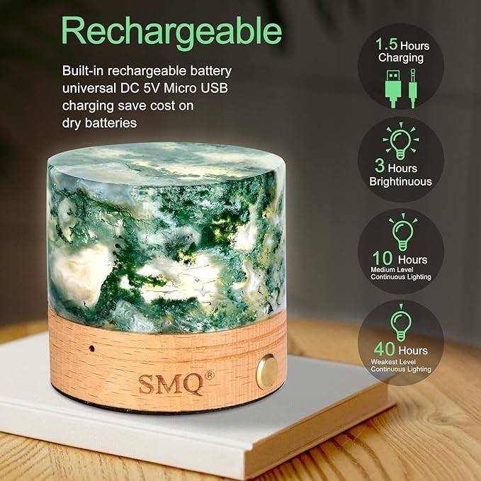 SMQ Moss Agate Crystal Night Light with USB Charging Port,Handmade Polished Healing Crystal Stones Lamp Cylindrical Touch Night Light for Living Room,Shelf,Office Decor