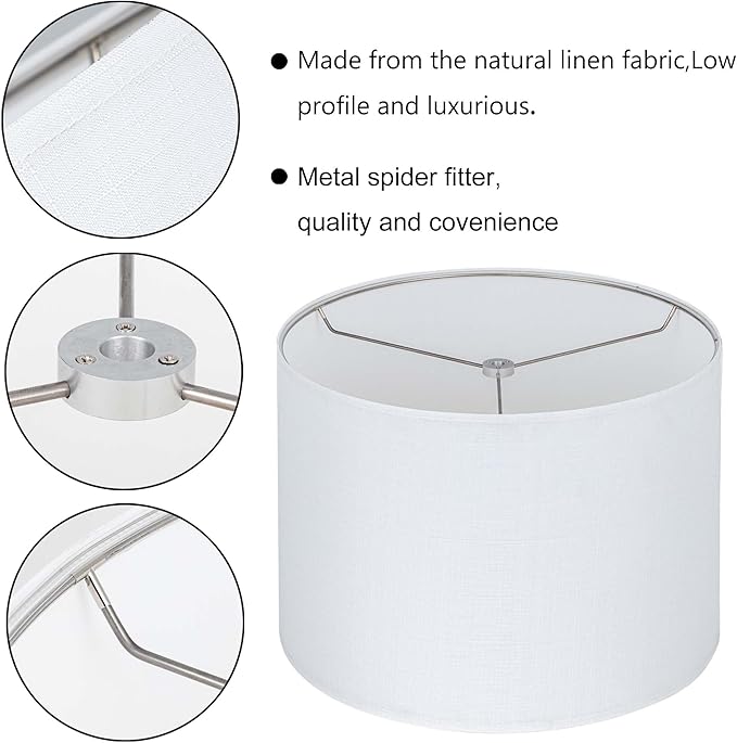 Wellmet White Set of 2 Drum Lampshades, Easy Assembly Required 18" Top x 18" Bottom x 12" High Replacement Lamp Shades, Fabric Lampshades for Table Lamps Floor Lamps, Metal Spider Fitter