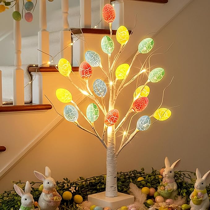 PEIDUO Easter Decorations, 22 inch Easter Tree with 24 LED Warm White, Battery Powered Egg Tree for Spring Home Table Decor