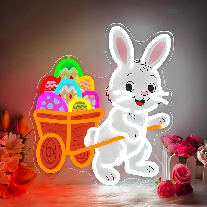 Easter Bunny Neon Sign Dimmable Easter Bunny with a Cart for Eggs Neon Light for Wall Decor Led Happy Easter Light Up Sign for Window