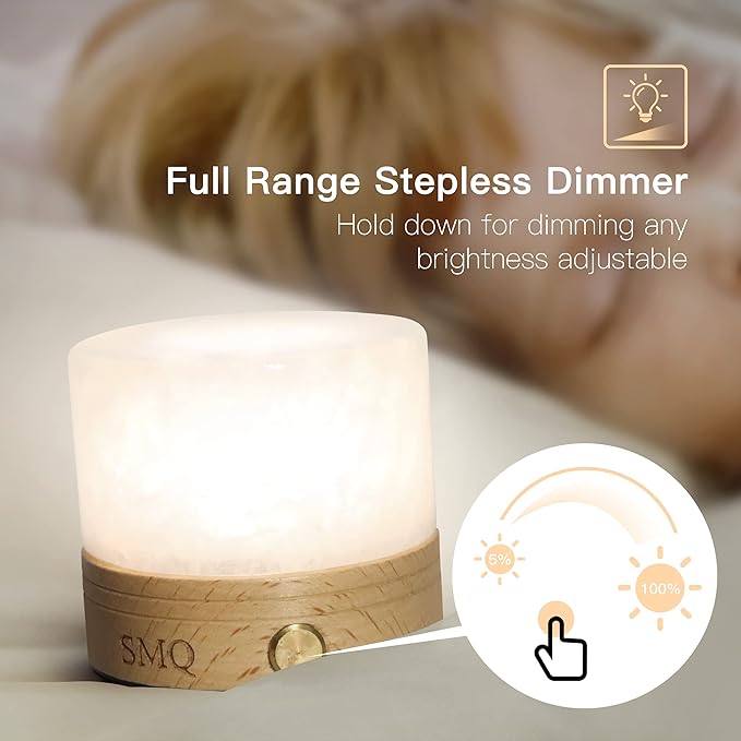 SMQ Clear Quartz Crystal Night Light with USB Charging Port,Healing Crystals Polished Gemstone Touch Control Table Led Lamp with Wooden Base for Nursery,Living Room,Office